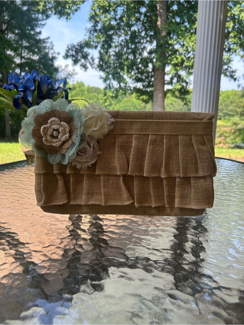Burlap Ruffle Clutch with Floral Accent | Rustic Boho Cottagecore